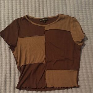 Almost Famous Brown & Tan Patchwork Ribbed Crop Top